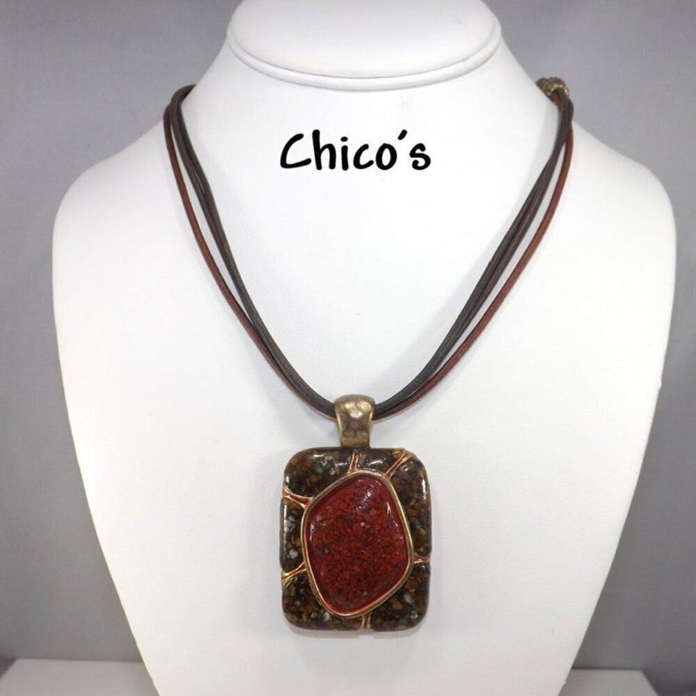 Chico's Leather Cord Pendant Necklace, Faux Stone Chips Lucite Pendant, Vintage